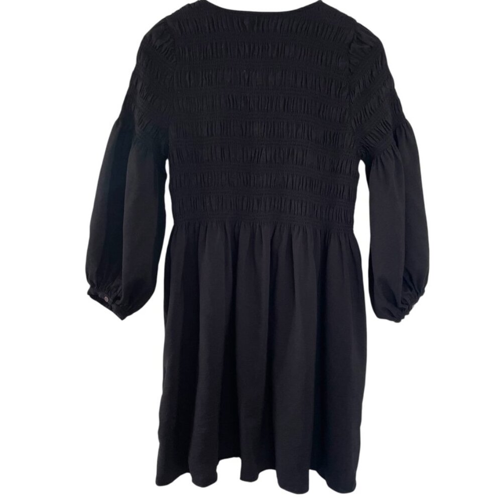 Madewell Button Front Mini Dress Small Black Smocked Bodice Puff Sleeves A Line - Picture 3 of 6